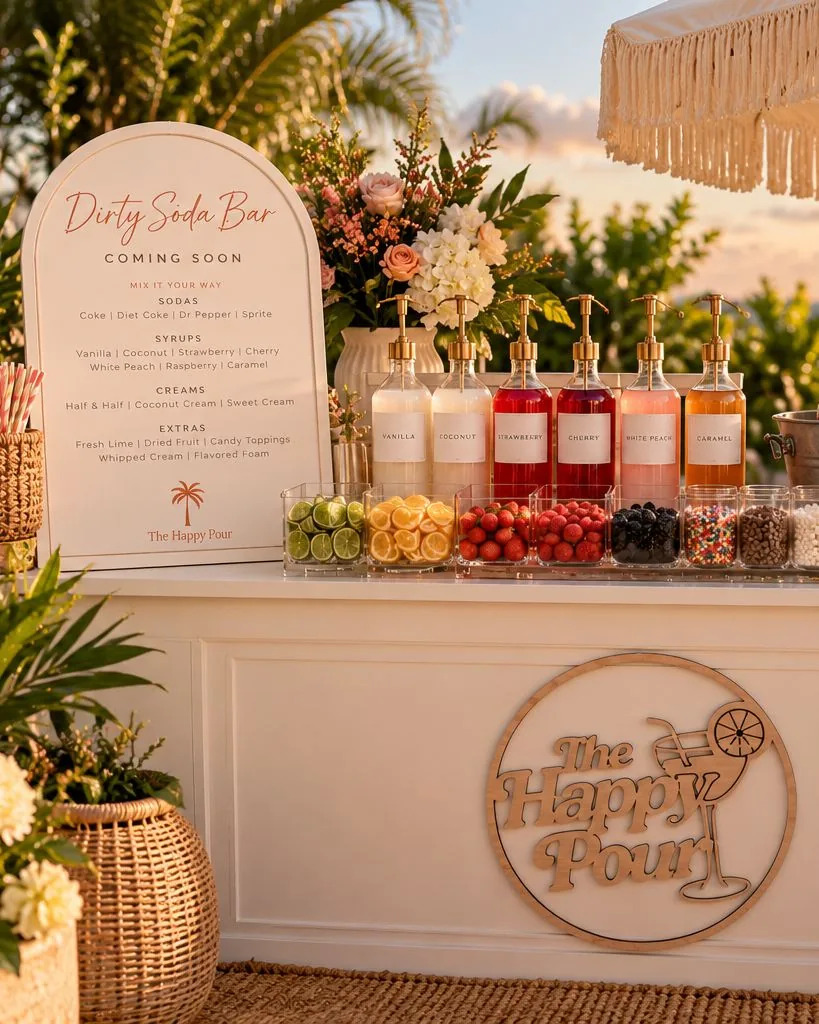 A styled Happy Pour Dirty Soda Bar at sunset with a Coming Soon menu sign, syrup pump bottles, fresh fruit, toppings and the Happy Pour sign on the bar