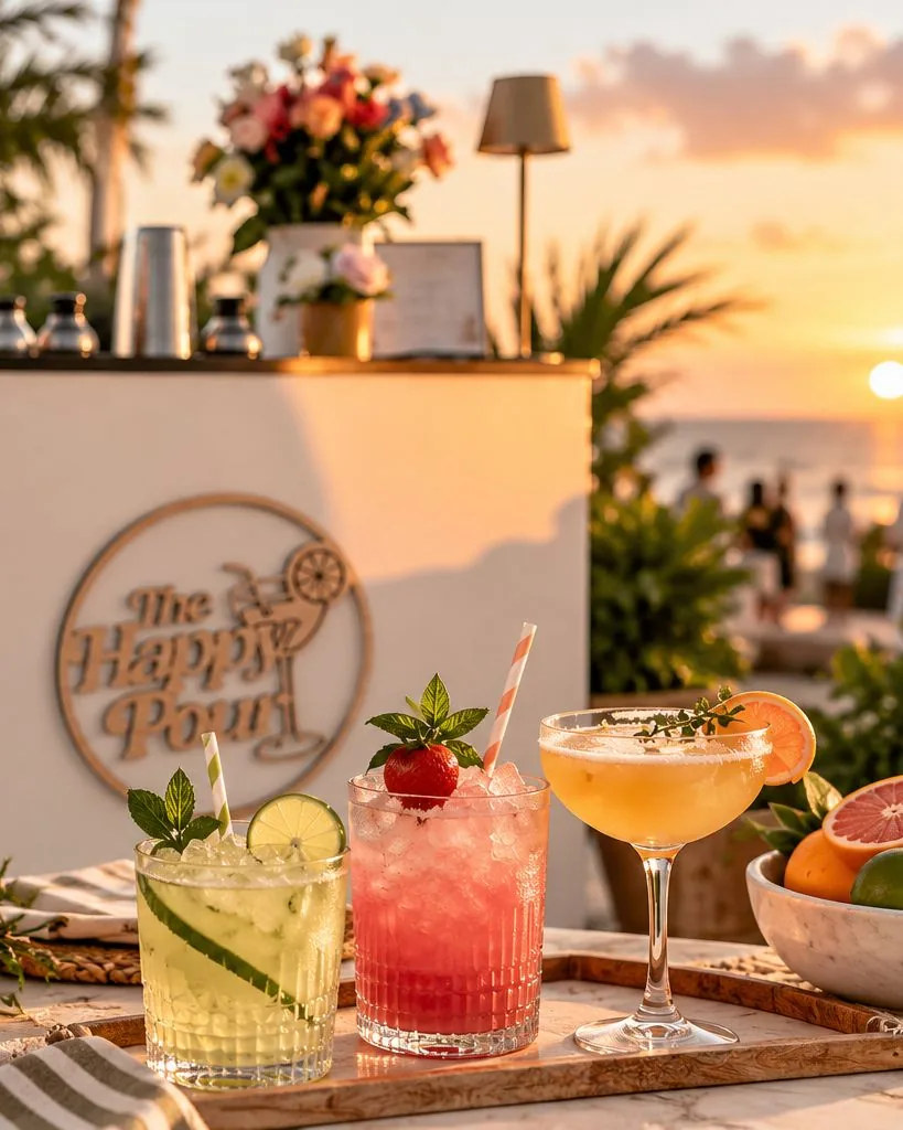 A styled Happy Pour mocktail bar at sunset with a cucumber lime mocktail, a strawberry basil mocktail and a citrus coupe in front of the Happy Pour sign