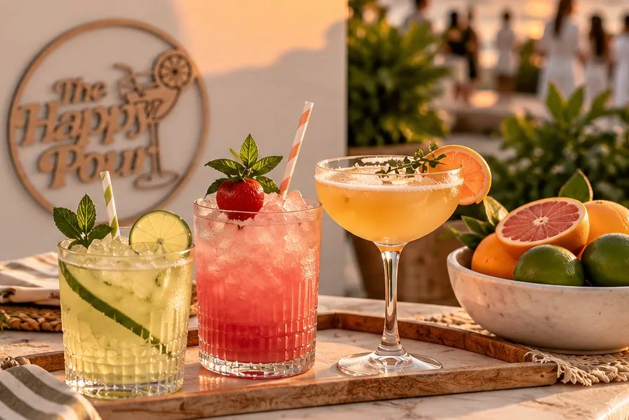 Three alcohol-free drinks on a wooden tray: a cucumber lime mocktail, a strawberry mocktail with basil and a citrus coupe beside a bowl of grapefruit and limes
